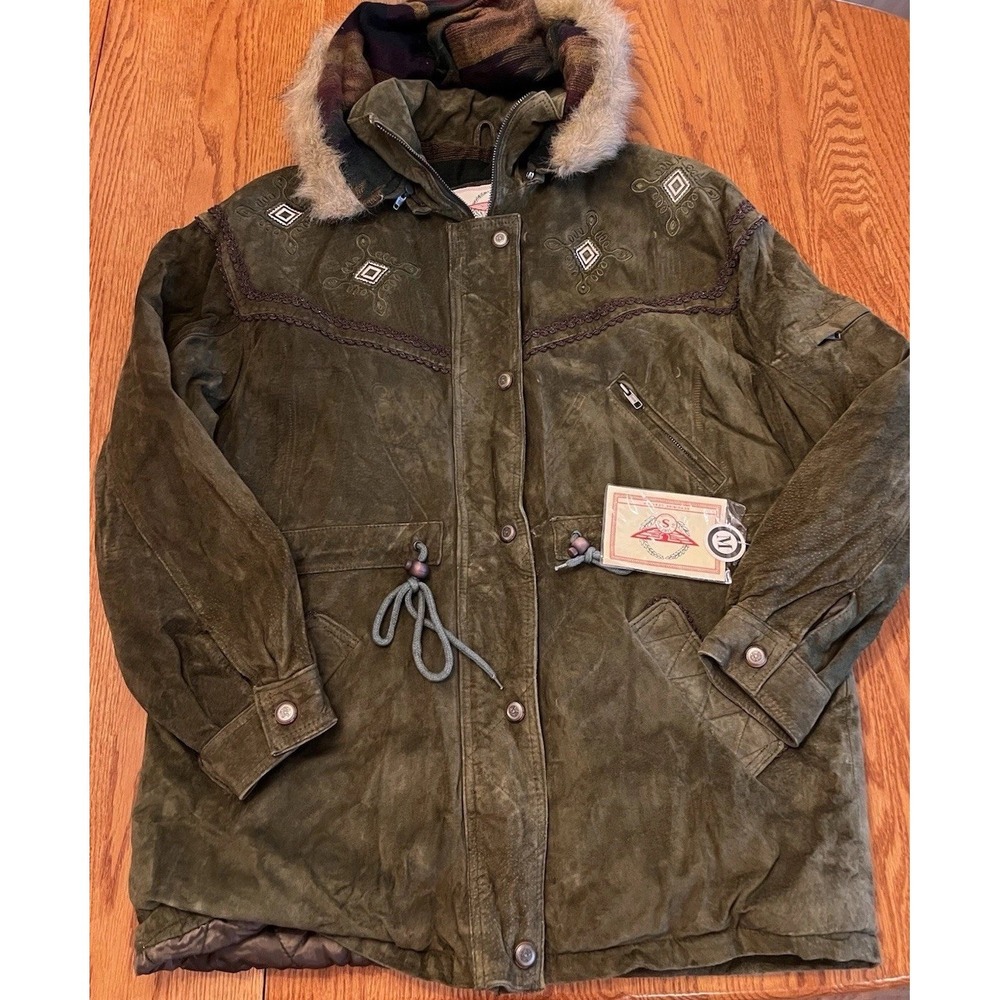 VTG DiStefano Parka Jacket Olive Suede Full Zip Faux Fur Hood SouthwestCottage M